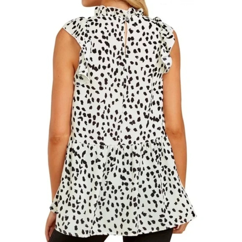 ENTRO • Ruffled Sleeve Button Closure Polka Dots Leopard Printed Pleated Shirt - Picture 6 of 7